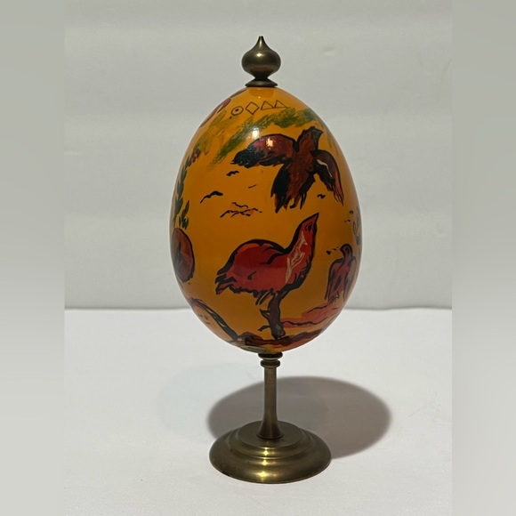 VTG Russian Lacquer Wood Egg Oil Painted Baby Dragon Birds Candles HTF Easter - Picture 1 of 11
